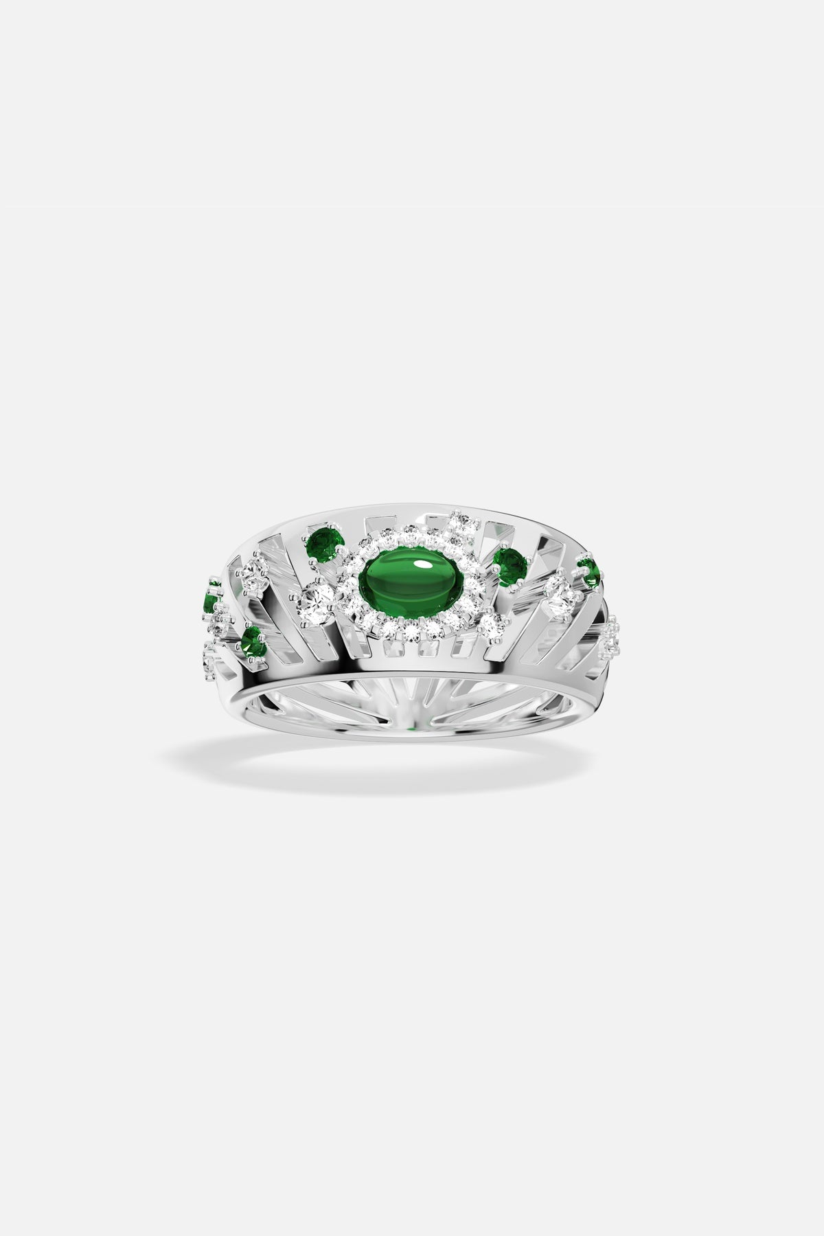 APM Ring, a radiant burst of green, crowned with quiet elegance.