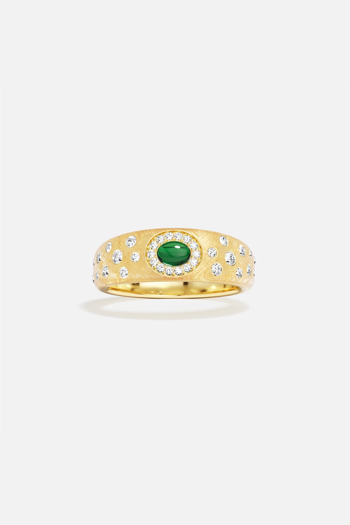 APM Ring in golden hues, a green gaze scattered with starlit sparkle.