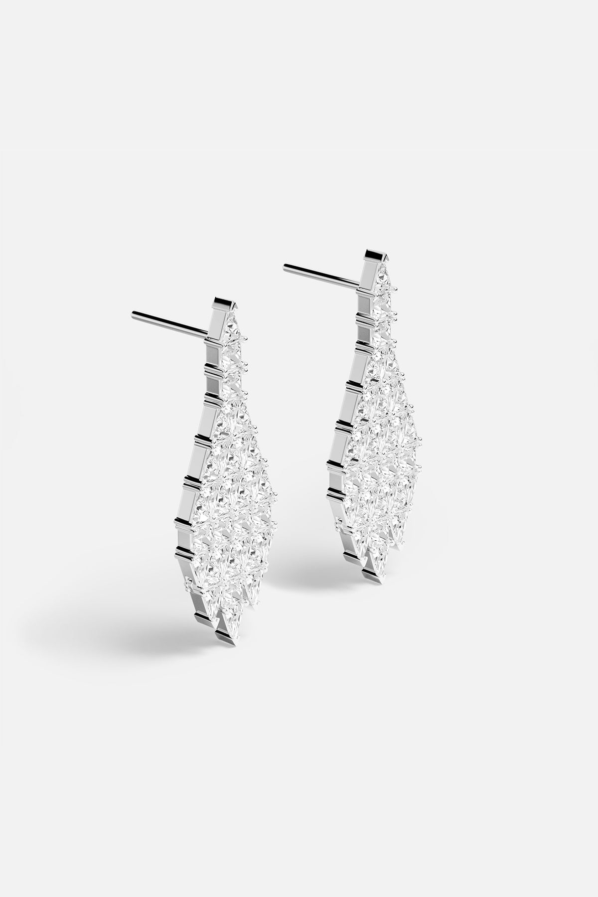 APM Earrings with rhodium finish, a cascade of geometric brilliance and modern elegance.