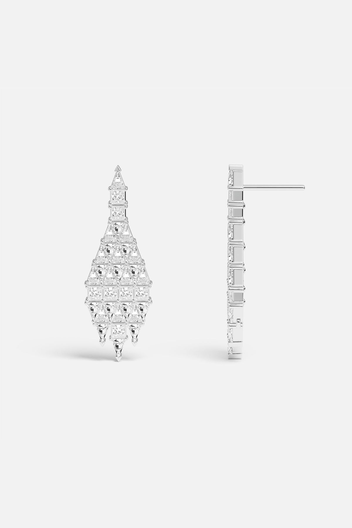 APM Earrings, a shimmering diamond-shaped cascade with rhodium finish radiance.