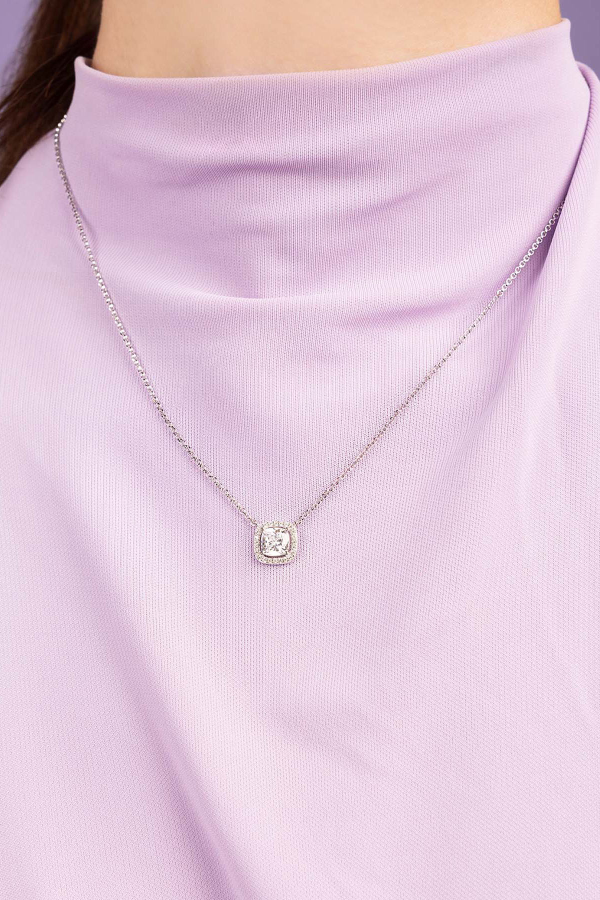 APM Monaco Small Square Stone Adjustable Necklace worn on model with lilac background