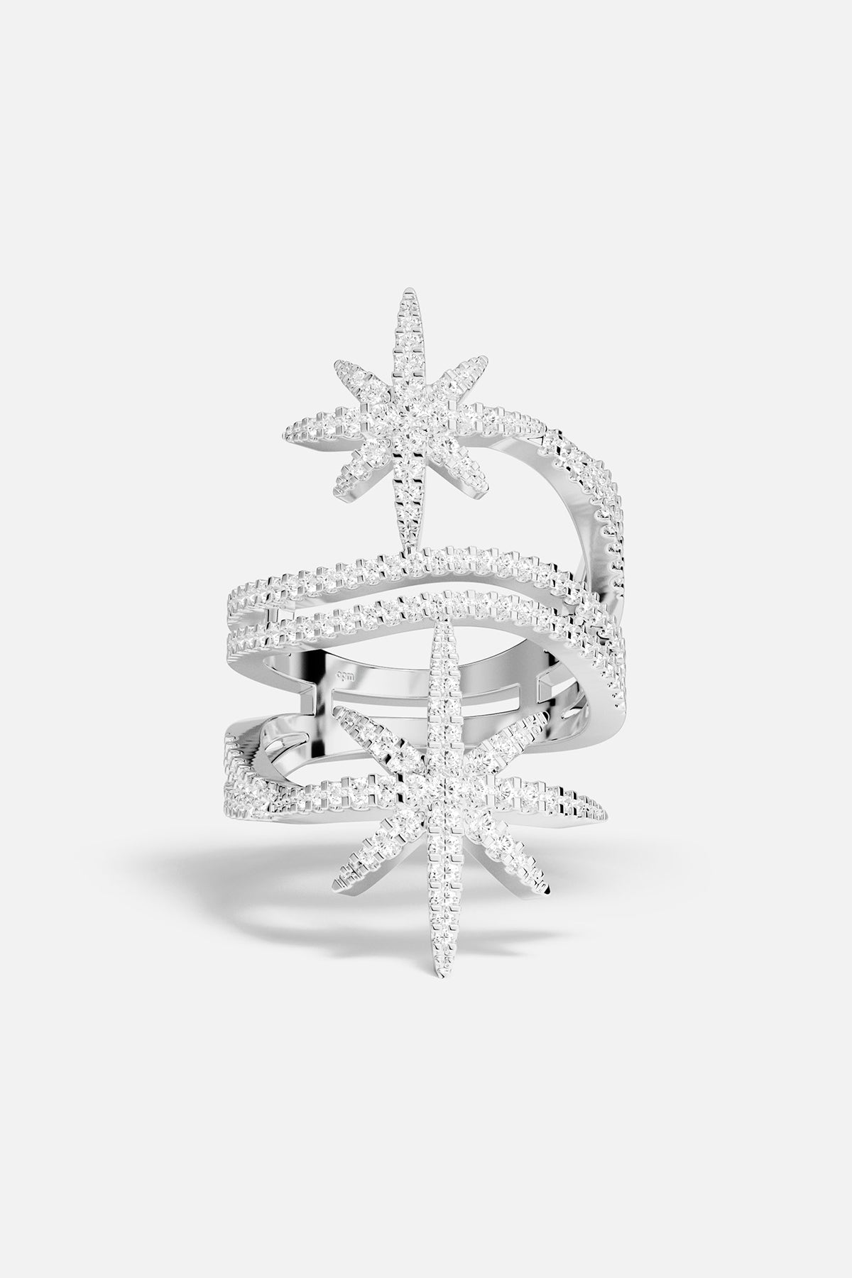 APM double-meteorites Silver-tone ring with star-shaped design on a white background