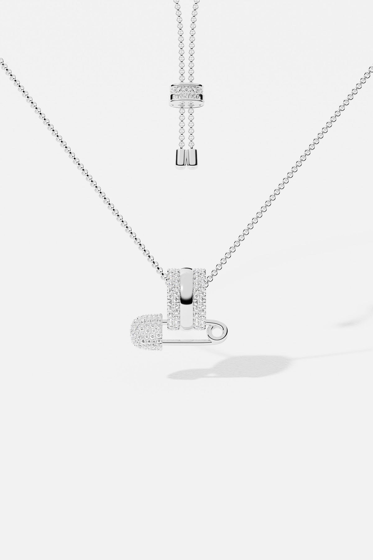 Safety pin necklace paved with zirconia
