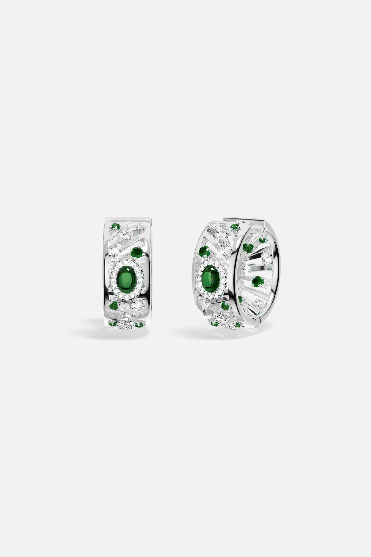 APM Hoop Earrings, radiant green stones set in luminous rhodium finish elegance.