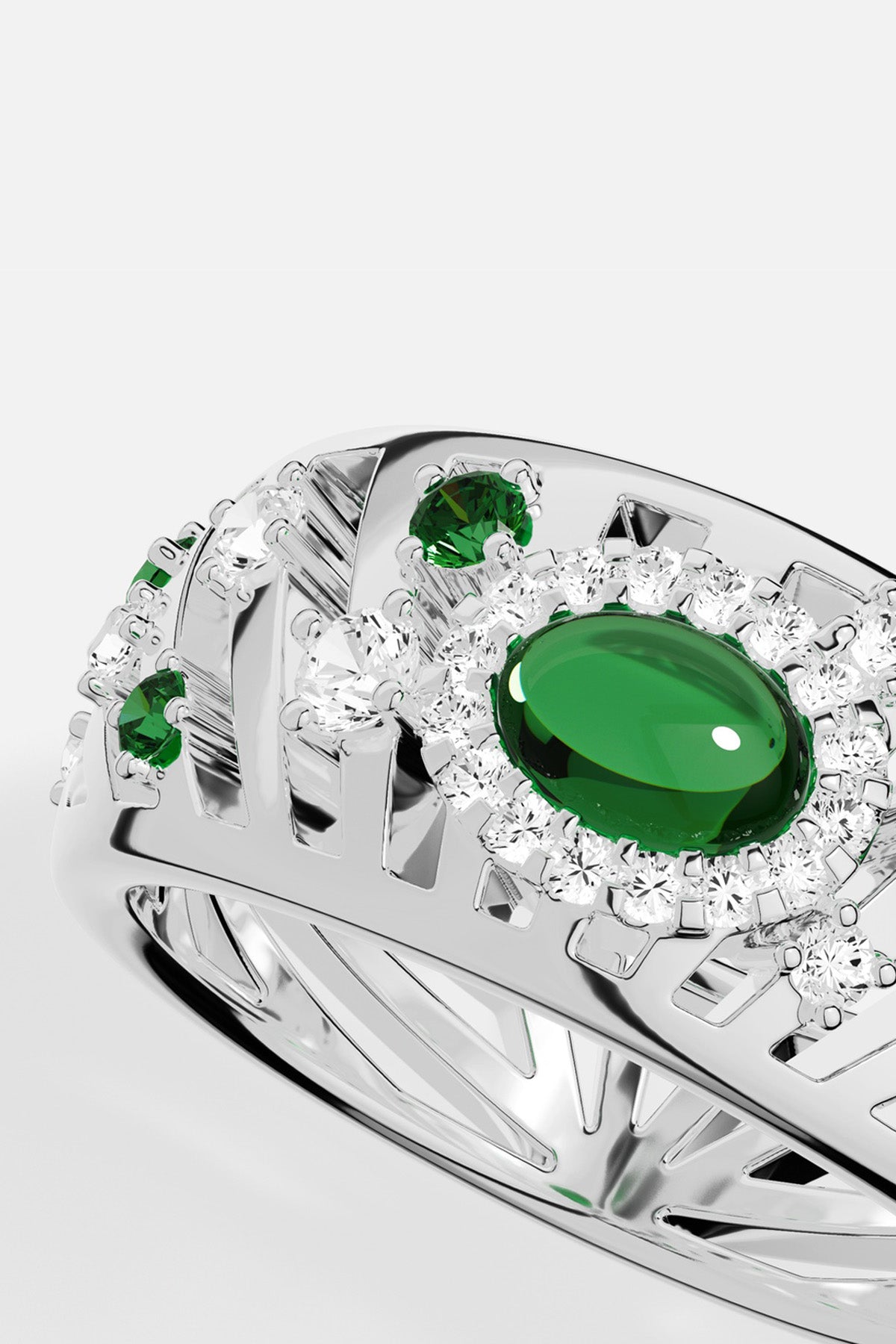 APM Ring in rhodium finish, a captivating green glow with radiant sparkle.