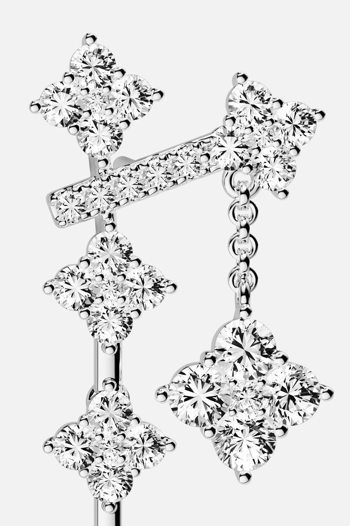APM Earrings, cascading floral sparkle in rhodium finish, a whisper of modern elegance.