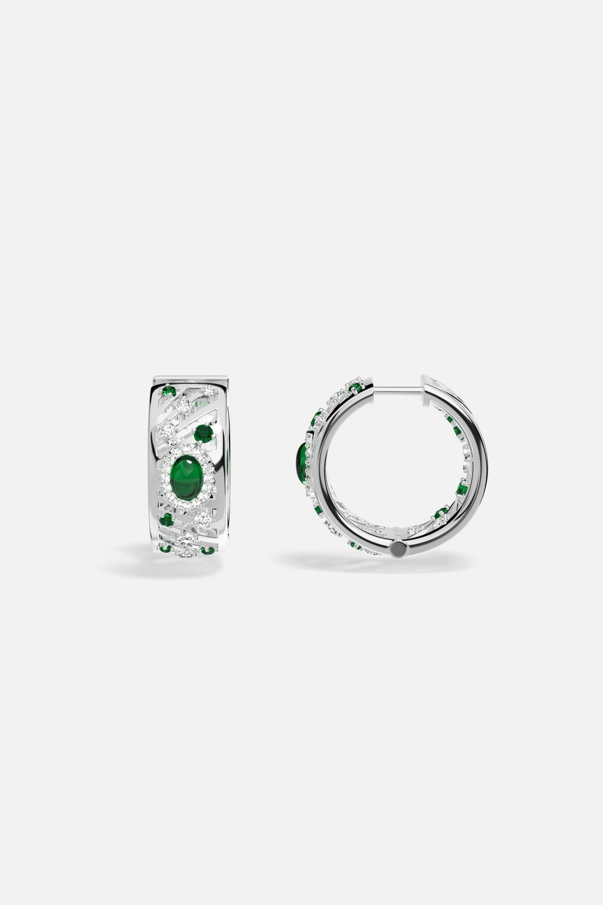 APM Hoop Earrings in rhodium finish, green accents whispering timeless elegance.