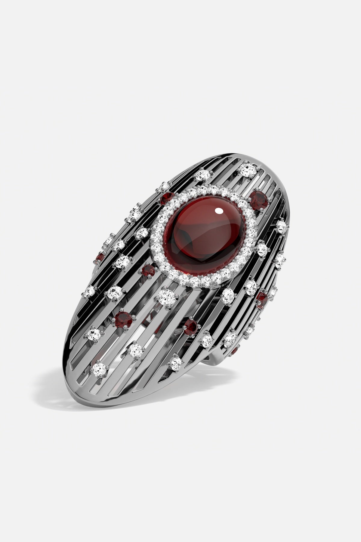 APM Ring, a bold red center glowing through architectural lines, pure nocturnal elegance.