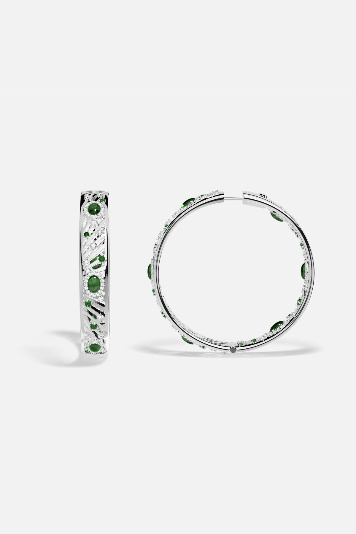 APM Hoop Earrings, radiant green accents and rhodium finish, effortlessly bold elegance.