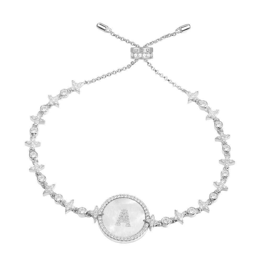 Bracelets APM Monaco, white-tone chain bracelet with a circular pendant featuring an initial A charm.
