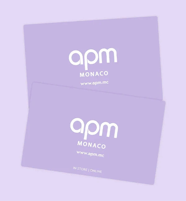 Two purple cards with 'apm Monaco' branding on a light purple background