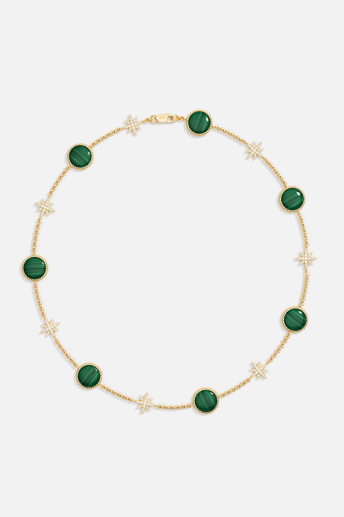 Necklaces APM Monaco: gold beaded choker with green striped malachite pendants and star-shaped accents.