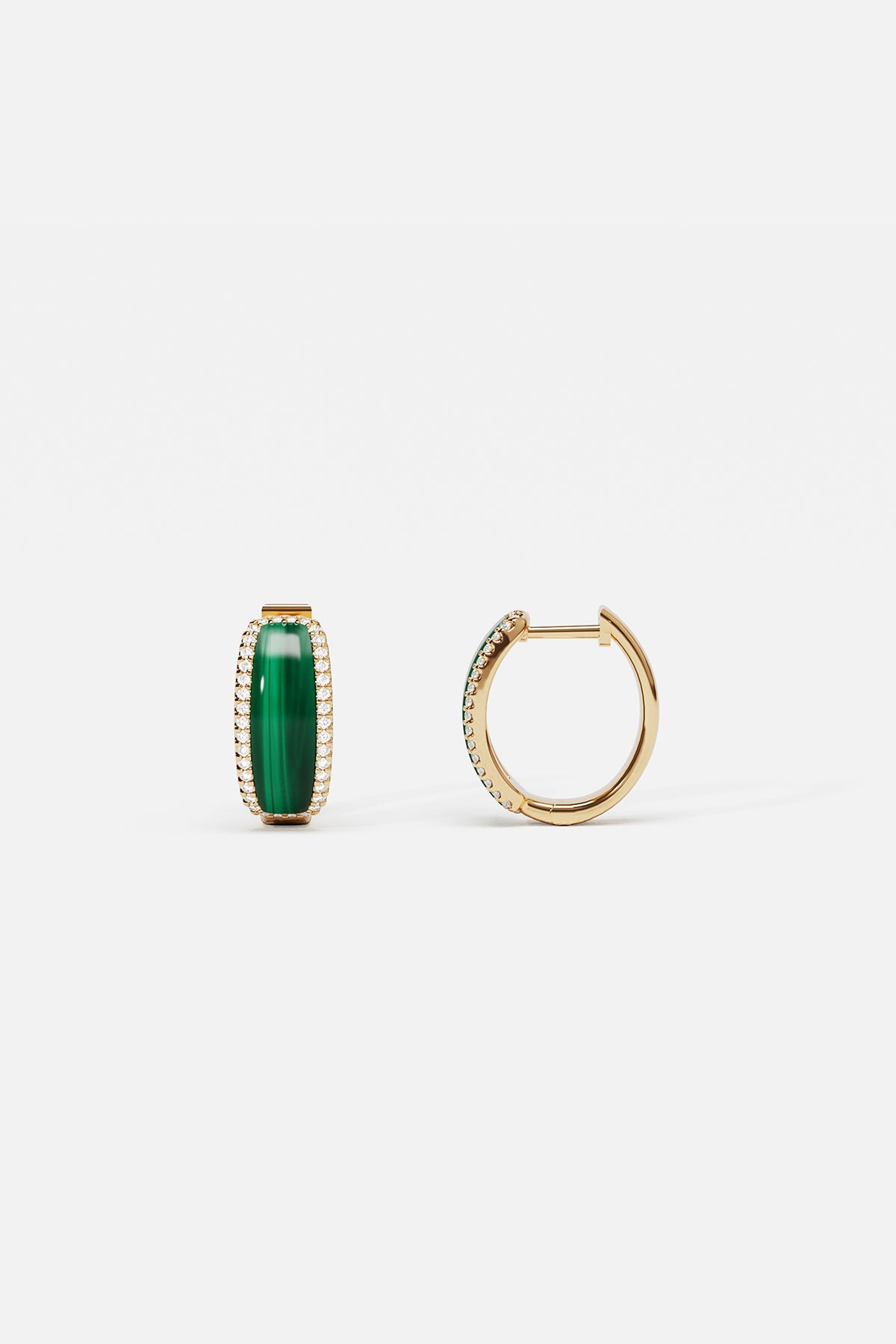 Earrings APM Monaco: yellow gold hoop earrings with green malachite stones and white diamonds.