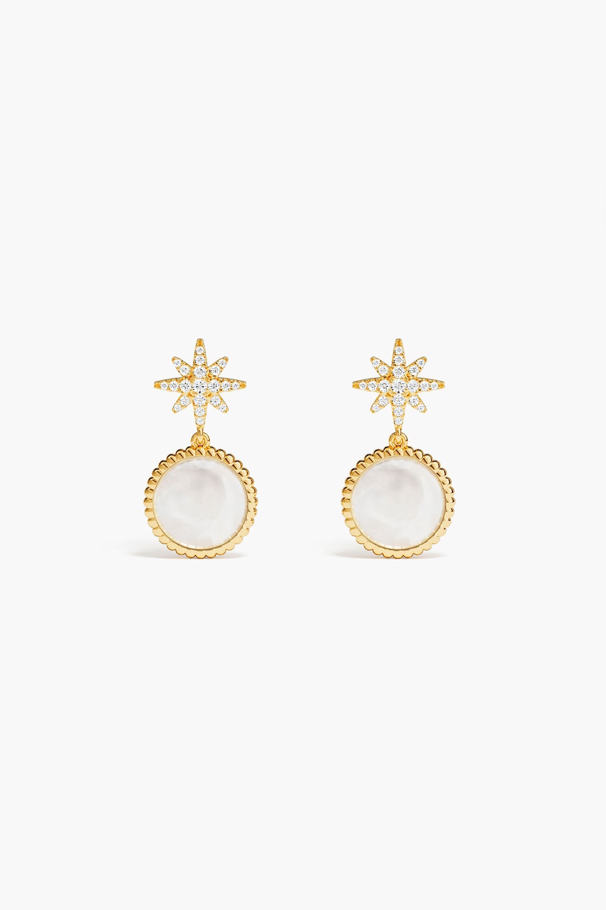 Gold earrings with star-shaped tops and white round stones on a white background