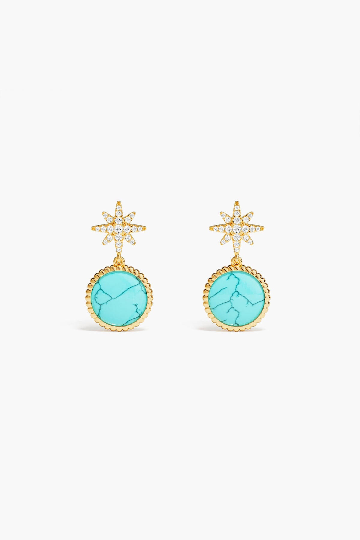 Pair of earrings with turquoise stones and gold accents on a white background